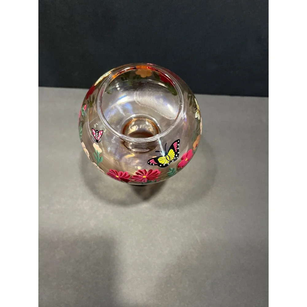 Hand Painted Glass Mushroom Vase Smoky Pink Floral Butterfly Cottagecore 7 Inch